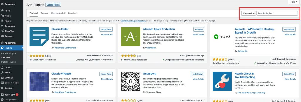 WordPress plugin installation using the plugin search option