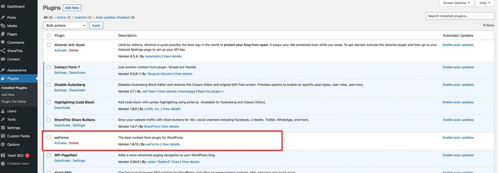 Installed Plugins screen in WordPress showing a plugin uploaded via FTP ready to activate