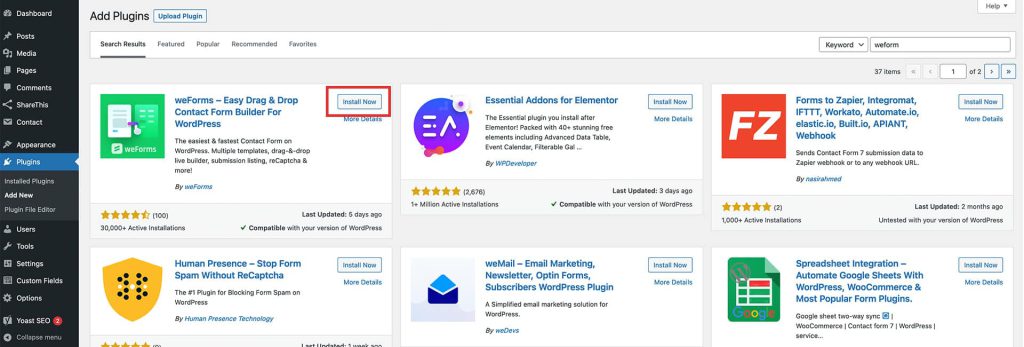 WordPress plugin installation using the plugin search option