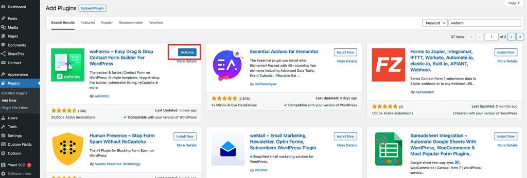 Plugins → Add New search results in WordPress with the Activate button highlighted