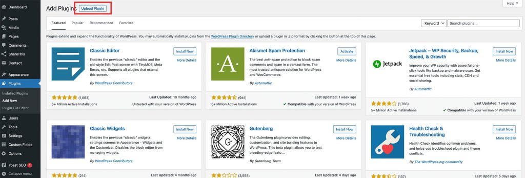 WordPress plugin installation using the plugin upload option