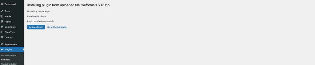 WordPress screen showing a plugin ZIP file installed successfully with the Activate Plugin button
