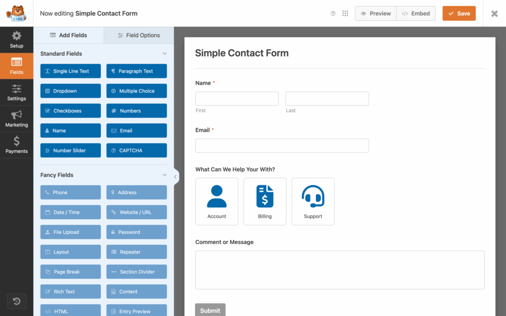 WPForms drag-and-drop contact form builder in the WordPress dashboard